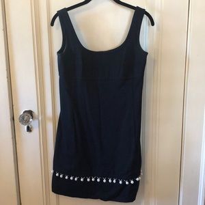 Scoop Neck Navy Dress with white Ball Fringe